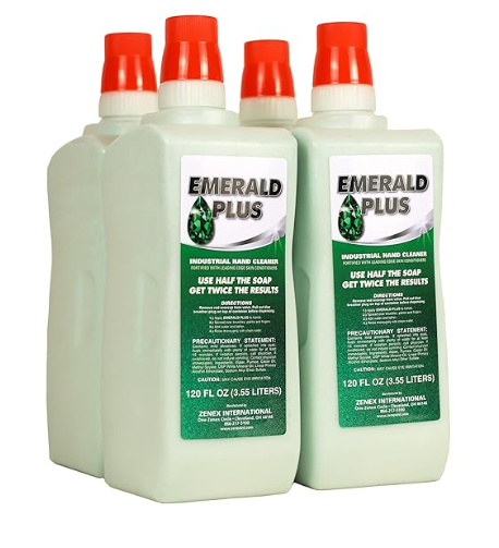 Zenex Emerald Plus Hand Soap - Industrial Hand Cleaner | Heavy Duty Detergent & Pumice Shop Soap | Dissolves Grease, Oil, Tar, Paint | Lemon Scent | Moisturizing | 3.55 L (4 Count)