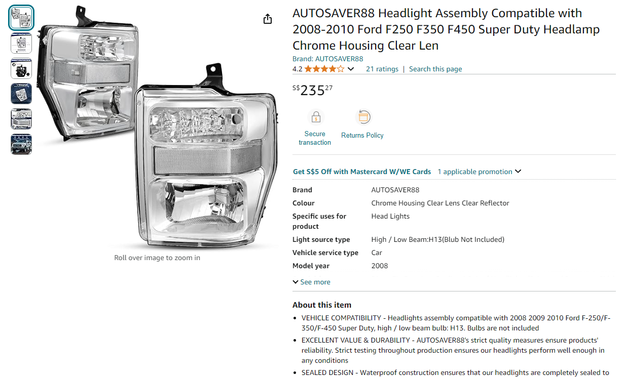 AUTOSAVER88 Headlight Assembly Compatible with 2008-2010 Ford F250 F350 F450 Super Duty Headlamp Chrome Housing Clear Len