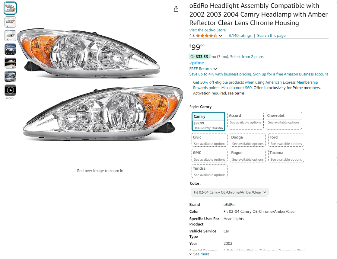 oEdRo Headlight Assembly Compatible with 2002 2003 2004 Camry Headlamp with Amber Reflector Clear Lens Chrome Housing