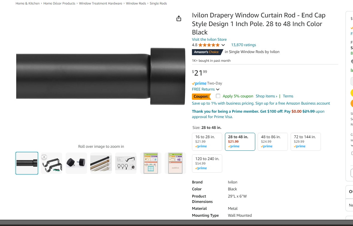 Ivilon Drapery Window Curtain Rod - End Cap Style Design 1 Inch Pole. 28 to 48 Inch Color Black