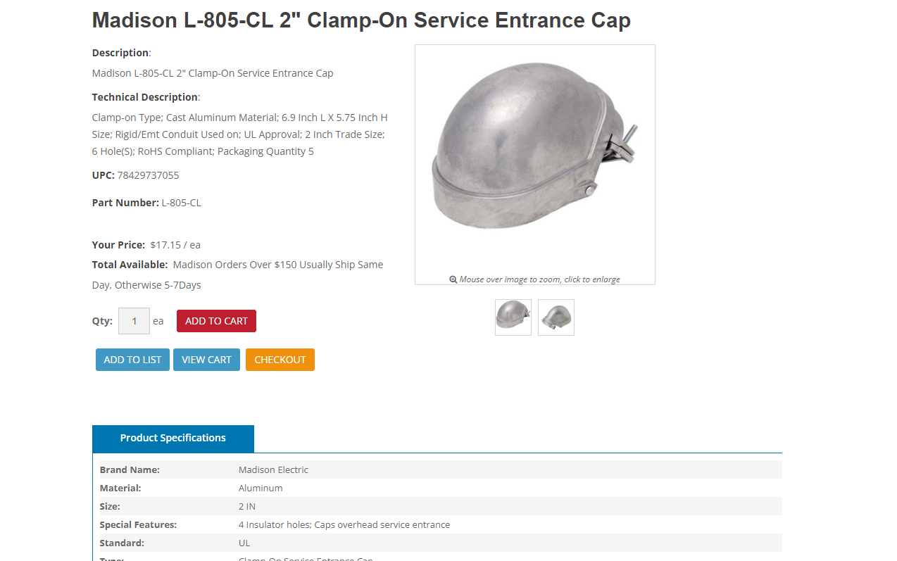 Madison L-805-CL 2" Clamp-On Service Entrance Cap