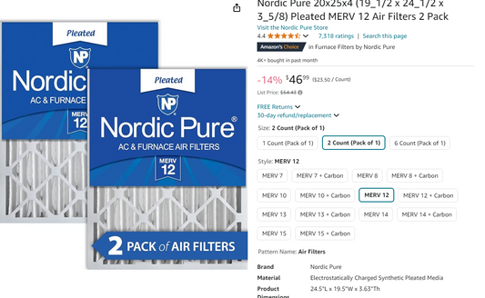 Nordic Pure 20x25x4 (19_1/2 x 24_1/2 x 3_5/8) Pleated MERV 12 Air Filters 2 Pack