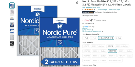 Nordic Pure 16x20x4 (15_1/2 x 19_1/2 x 3_5/8) Pleated MERV 12 Air Filters 2 Pack