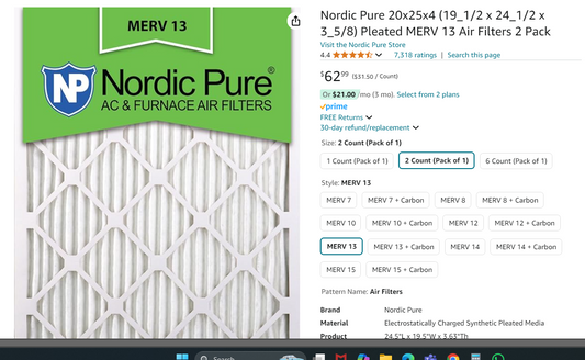 Nordic Pure 20x25x4 (19_1/2 x 24_1/2 x 3_5/8) Pleated MERV 13 Air Filters 2 Pack