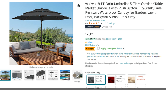 wikiwiki 9 FT Patio Umbrellas 3-Tiers Outdoor Table Market Umbrella with Push Button Tilt/Crank