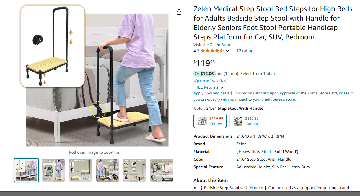 Zelen Medical Step Stool Bed Steps for High Beds for Adults Bedside Step Stool with Handle for Elderly-B0C3W2CDSZ