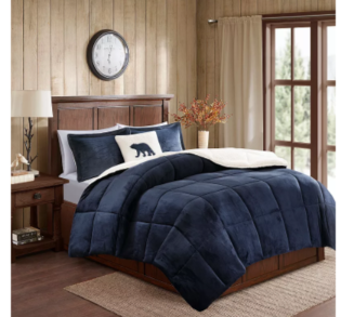 Woolrich 4pc King Alton Plush to Faux Shearling Down Alternative Reversible Comforter Set Navy/Ivory Hypoallergenic, Microplush Fabric