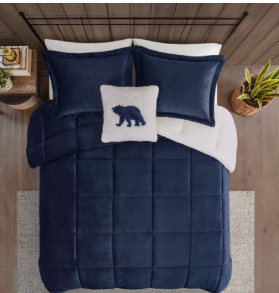 Woolrich 4pc King Alton Plush to Faux Shearling Down Alternative Reversible Comforter Set Navy/Ivory Hypoallergenic, Microplush Fabric