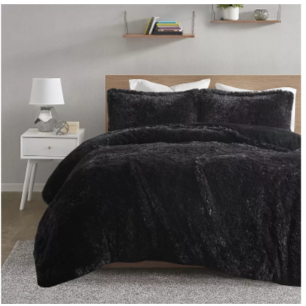 Intelligent Design Full/Queen Leena Shaggy Fur Duvet Cover Set - Black