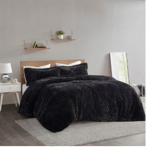 Intelligent Design Full/Queen Leena Shaggy Fur Duvet Cover Set - Black