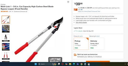 Multi-Link 1 - 3/4 in. Cut Capacity High Carbon Steel Blade Bypass Lopper (Fixed Handle)