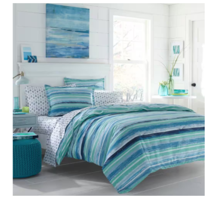 Poppy & Fritz Alex 3-Piece Aqua Blue Striped Cotton Full/Queen Duvet Cover Set