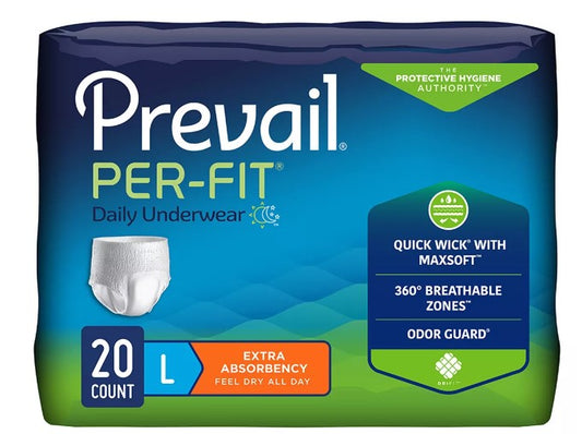 Prevail Per-Fit Daily Protective Underwear, Unisex Adult Disposable Diaper for Men & Women, Extra Absorbency, Large, 44"-58" Waist, 20 Count Bag