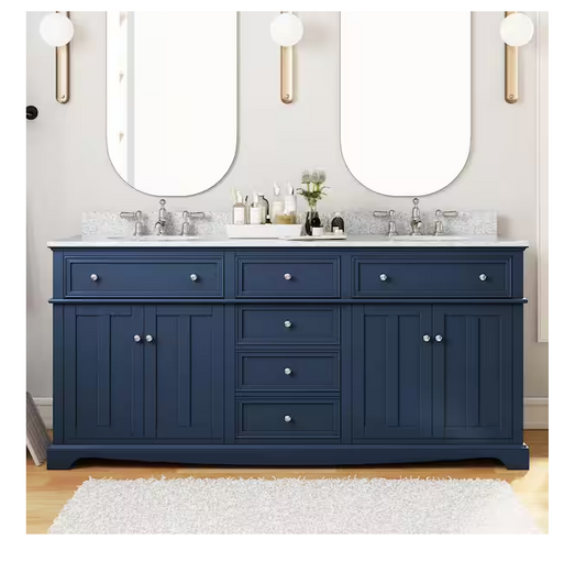 Fremont 72 in. Double Sink Freestanding Navy Blue Bath Vanity with Grey Granite Top #1007358716