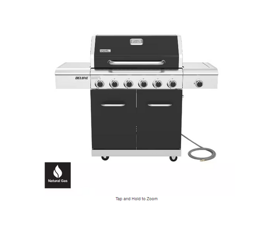 Deluxe 6-Burner Natural Gas Grill in Black with Ceramic Searing Side Burner and Gourmet Plus Cooking System