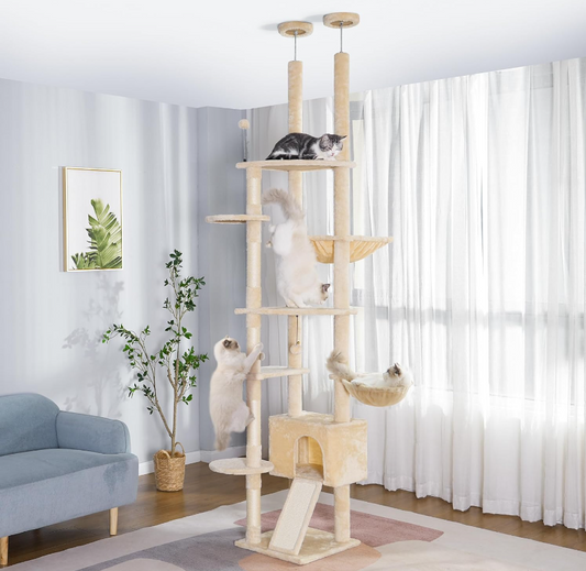 Meow Sir Floor to Ceiling Cat Tree Ajustable Height [82-108 Inches=208-275cm] 6 Tiers Tower Fit for 7-9 Feet Ceiling with Cat Condo Hammock and Sisal Covered Post for Indoor Cats-Dual Post Beige