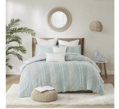 Ink+Ivy 3pc Full/Queen Kara Cotton Jacquard Duvet Cover Set Aqua: Reversible, Lightweight, OEKO-TEX Certified