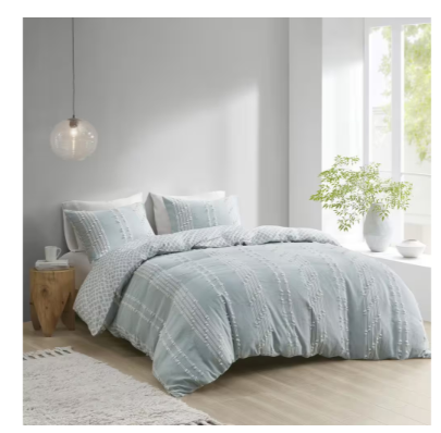 Ink+Ivy 3pc Full/Queen Kara Cotton Jacquard Duvet Cover Set Aqua: Reversible, Lightweight, OEKO-TEX Certified