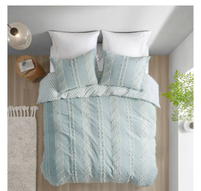 Ink+Ivy 3pc Full/Queen Kara Cotton Jacquard Duvet Cover Set Aqua: Reversible, Lightweight, OEKO-TEX Certified