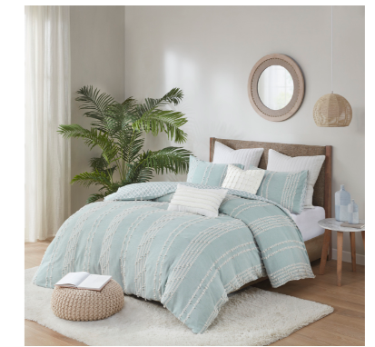 Ink+Ivy 3pc Full/Queen Kara Cotton Jacquard Duvet Cover Set Aqua: Reversible, Lightweight, OEKO-TEX Certified