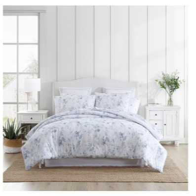 Laura Ashley- King Comforter Set  Reversible Cotton Bedding with Matching Sham(s)  Farmhouse Home D cor (Belinda Blue  King)