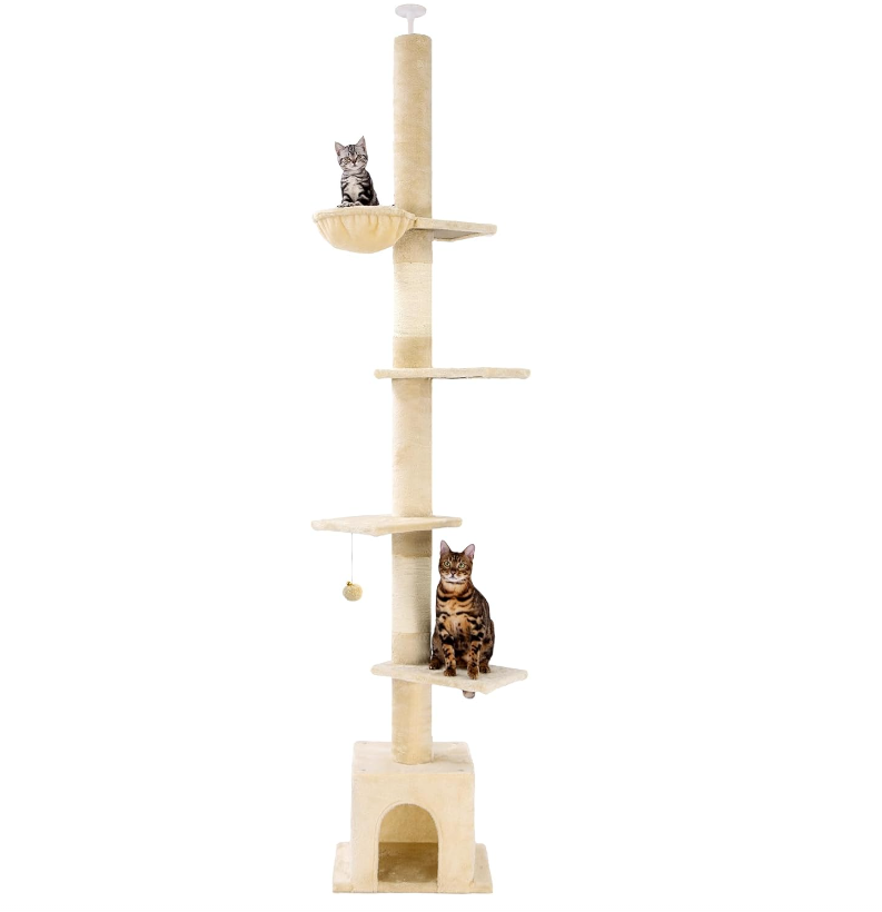 Meow Sir Floor to Ceiling Cat Tree Ajustable Height [82-108 Inches=208-275cm] 6 Tiers Cat Tower Fit for 7-9 Feet Ceiling with Cat Condo Hammock and Sisal Covered Post for Indoor Cats-Beige