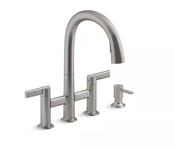 KOHLER Otira 2-Handle Bridge Pull-Down Kitchen Faucet with Soap Dispenser and Sweep Spray in Vibrant Stainless