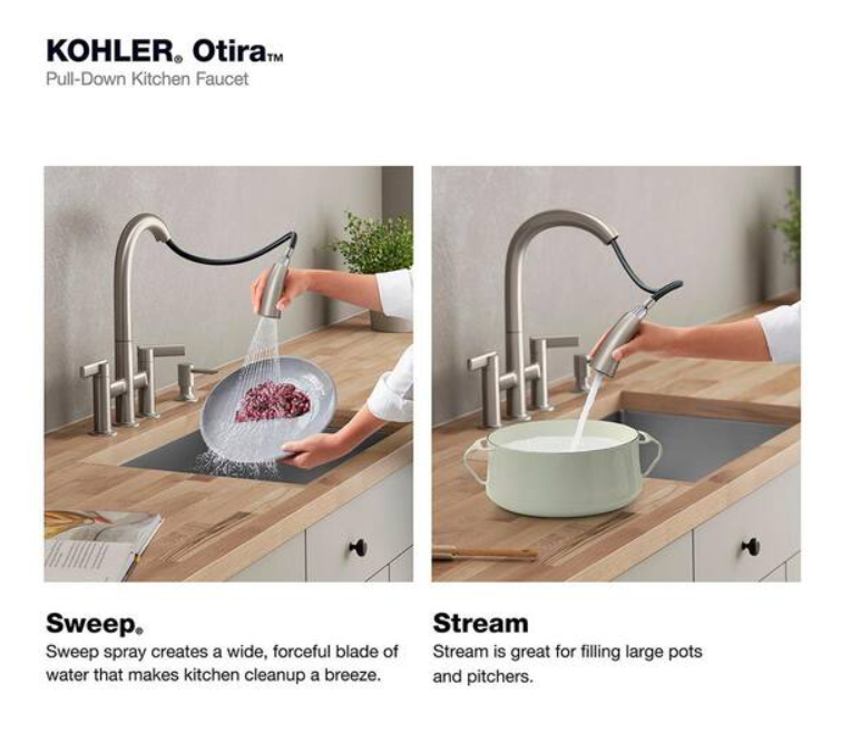 KOHLER Otira 2-Handle Bridge Pull-Down Kitchen Faucet with Soap Dispenser and Sweep Spray in Vibrant Stainless