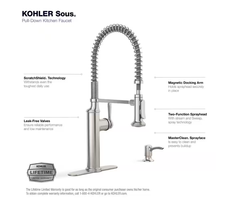 KOHLER Sous Pro-Style Single Handle Pull Down Sprayer Kitchen Faucet in Vibrant Stainless Steel