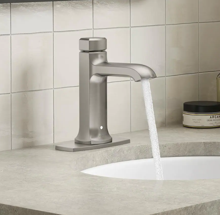 KOHLER Rubicon Battery Powered Touchless Single Hole Bathroom Faucet in Vibrant Brushed Nickel