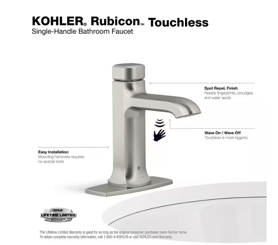 KOHLER Rubicon Battery Powered Touchless Single Hole Bathroom Faucet in Vibrant Brushed Nickel