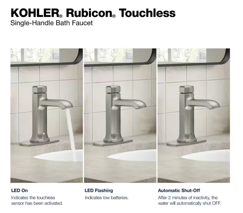 KOHLER Rubicon Battery Powered Touchless Single Hole Bathroom Faucet in Vibrant Brushed Nickel