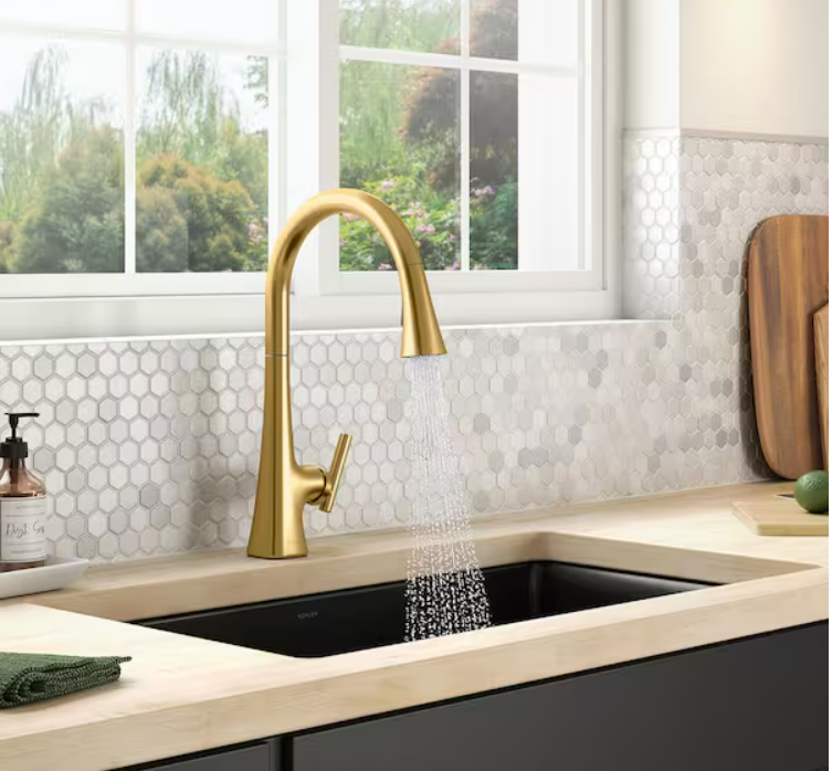 KOHLER Conti Single Handle Pull Down Sprayer Kitchen Faucet in Vibrant Brushed Moderne Brass-Open Box