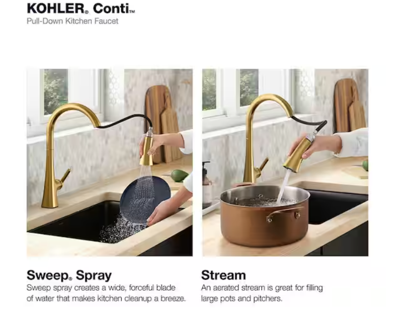 KOHLER Conti Single Handle Pull Down Sprayer Kitchen Faucet in Vibrant Brushed Moderne Brass-Open Box