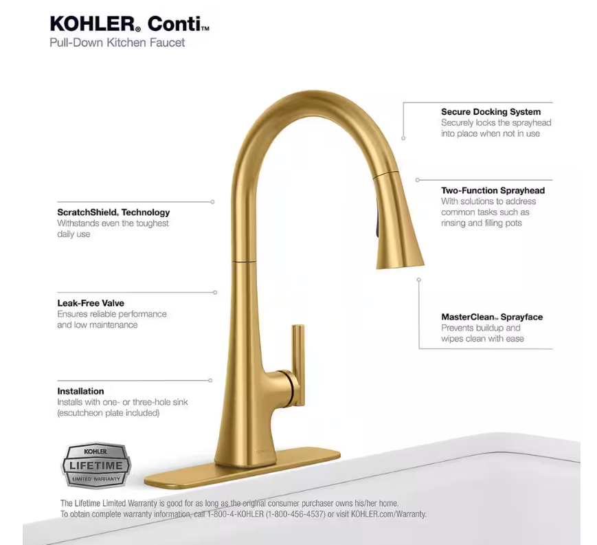 KOHLER Conti Single Handle Pull Down Sprayer Kitchen Faucet in Vibrant Brushed Moderne Brass-Open Box