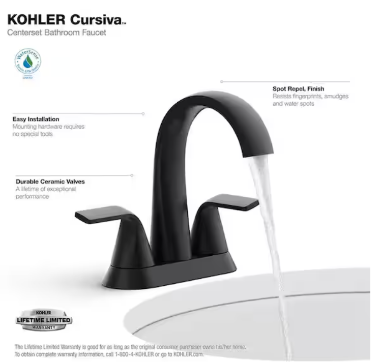 KOHLER Cursiva 4 in. Centerset Double Handle Bathroom Faucet in Matte Black