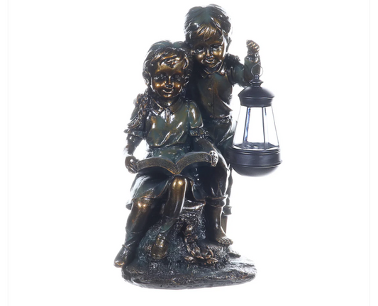 Solar Faux Bronze Boy and Girl Statue, 9 by 15 Inches
