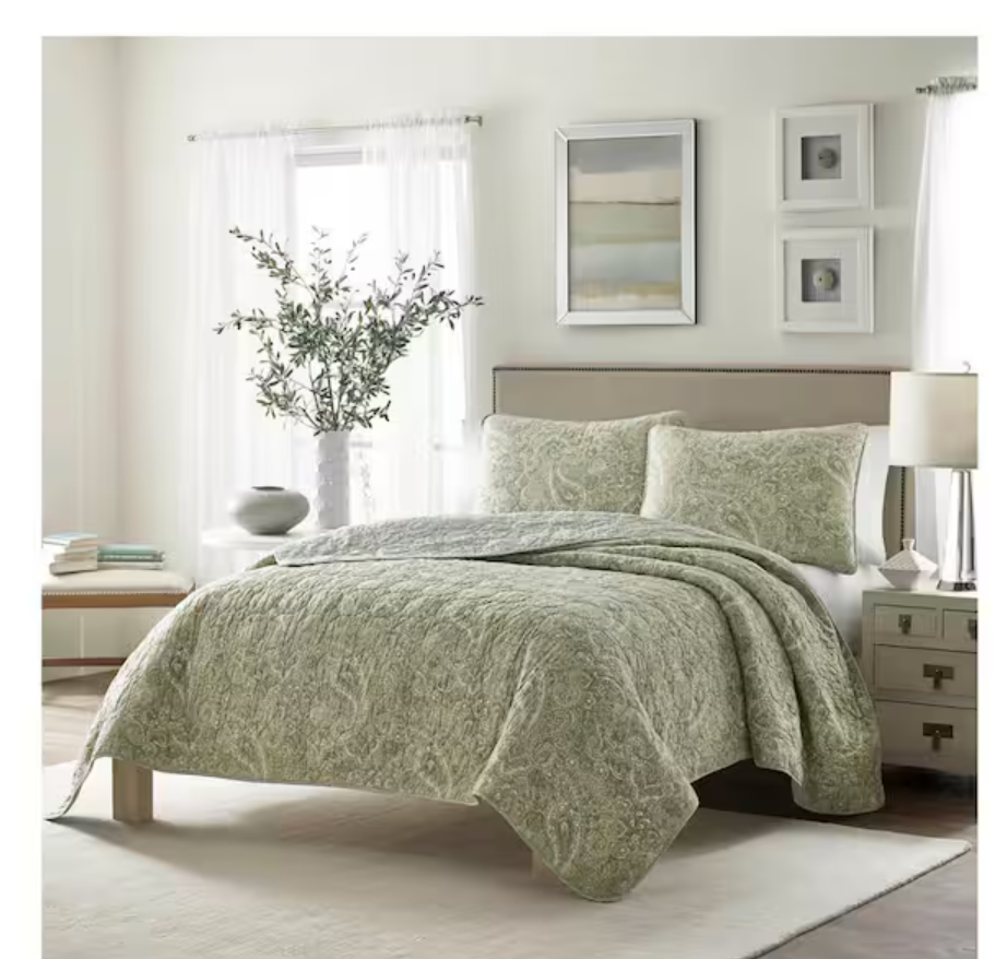 Emilia 2-Piece Green Floral Cotton Twin Quilt Set