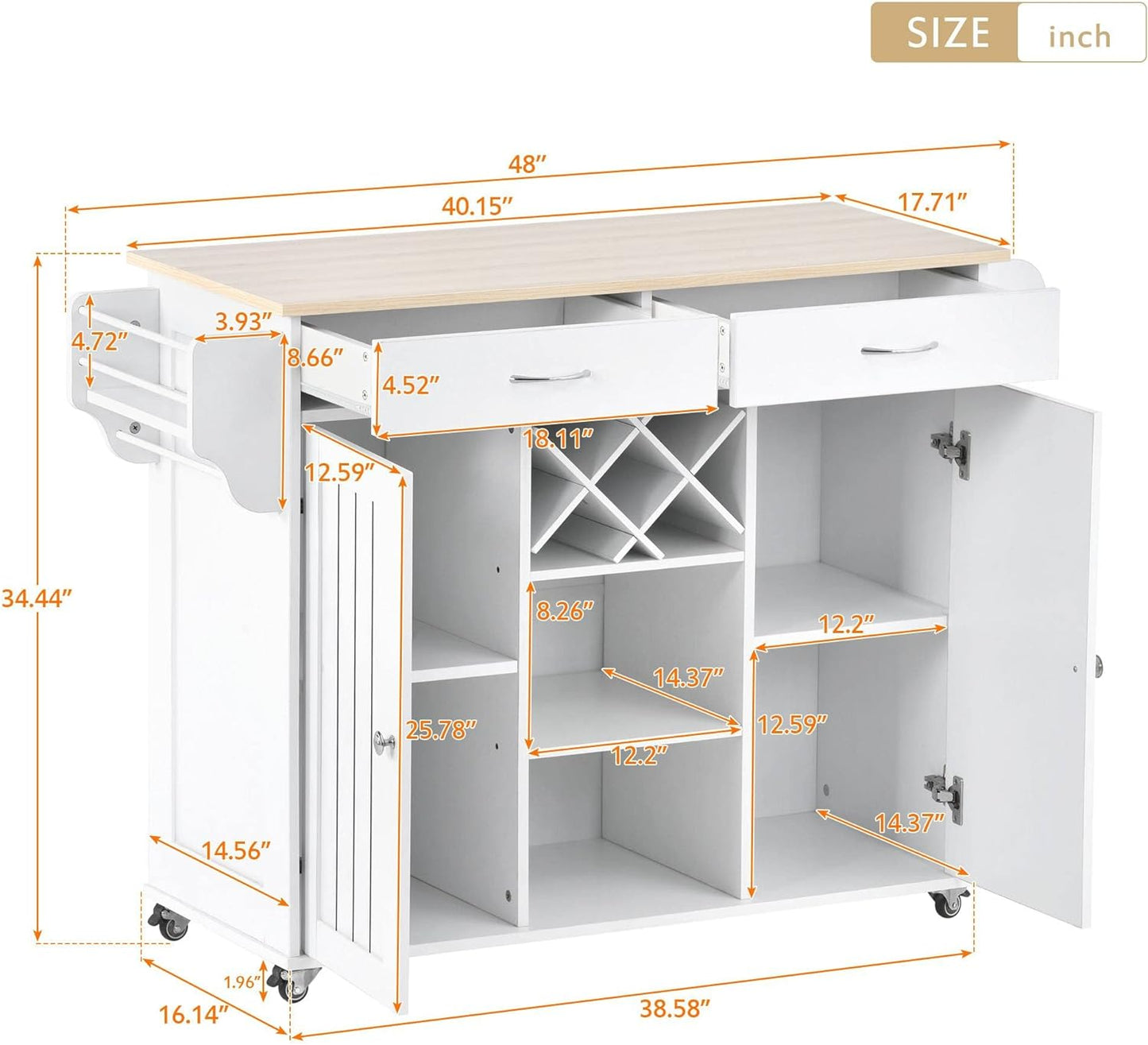 Kitchen Island Cart with Two Storage Cabinets and Four Locking Wheels Wine Rack