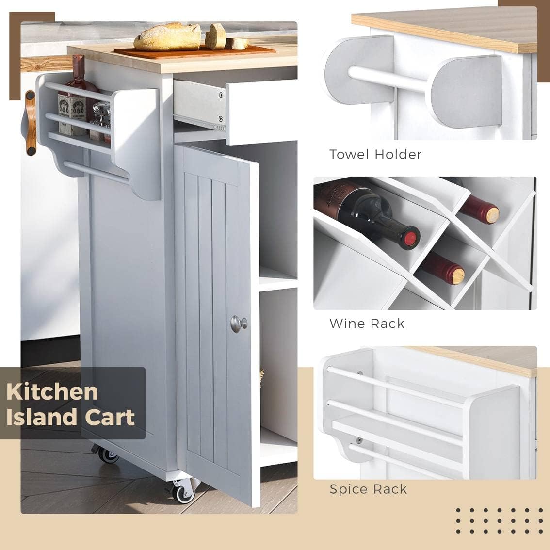 Kitchen Island Cart with Two Storage Cabinets and Four Locking Wheels Wine Rack