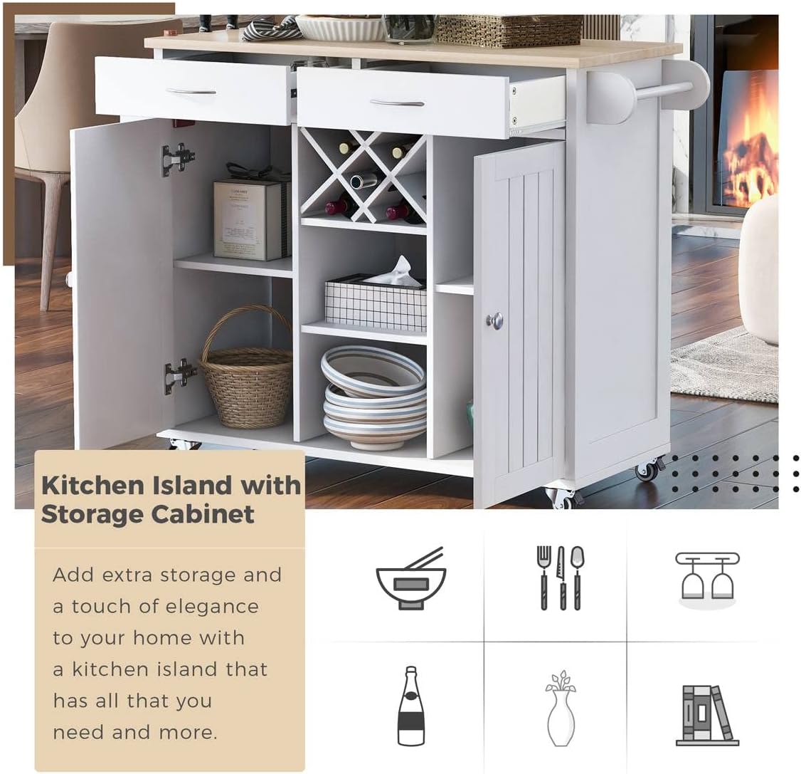 Kitchen Island Cart with Two Storage Cabinets and Four Locking Wheels Wine Rack