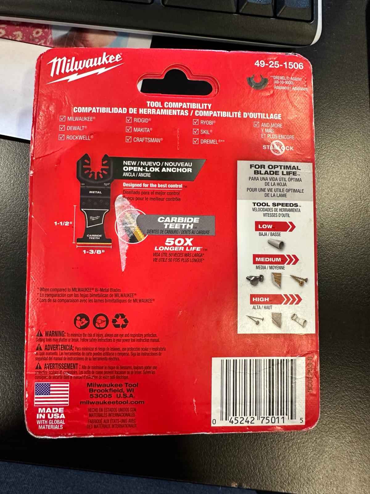 Milwaukee 1-3/8 in. 49-25-1506 Carbide Universal Fit Extreme Metal Cutting Multi-Tool Oscillating Blade (5-Pack) listing#286242717966