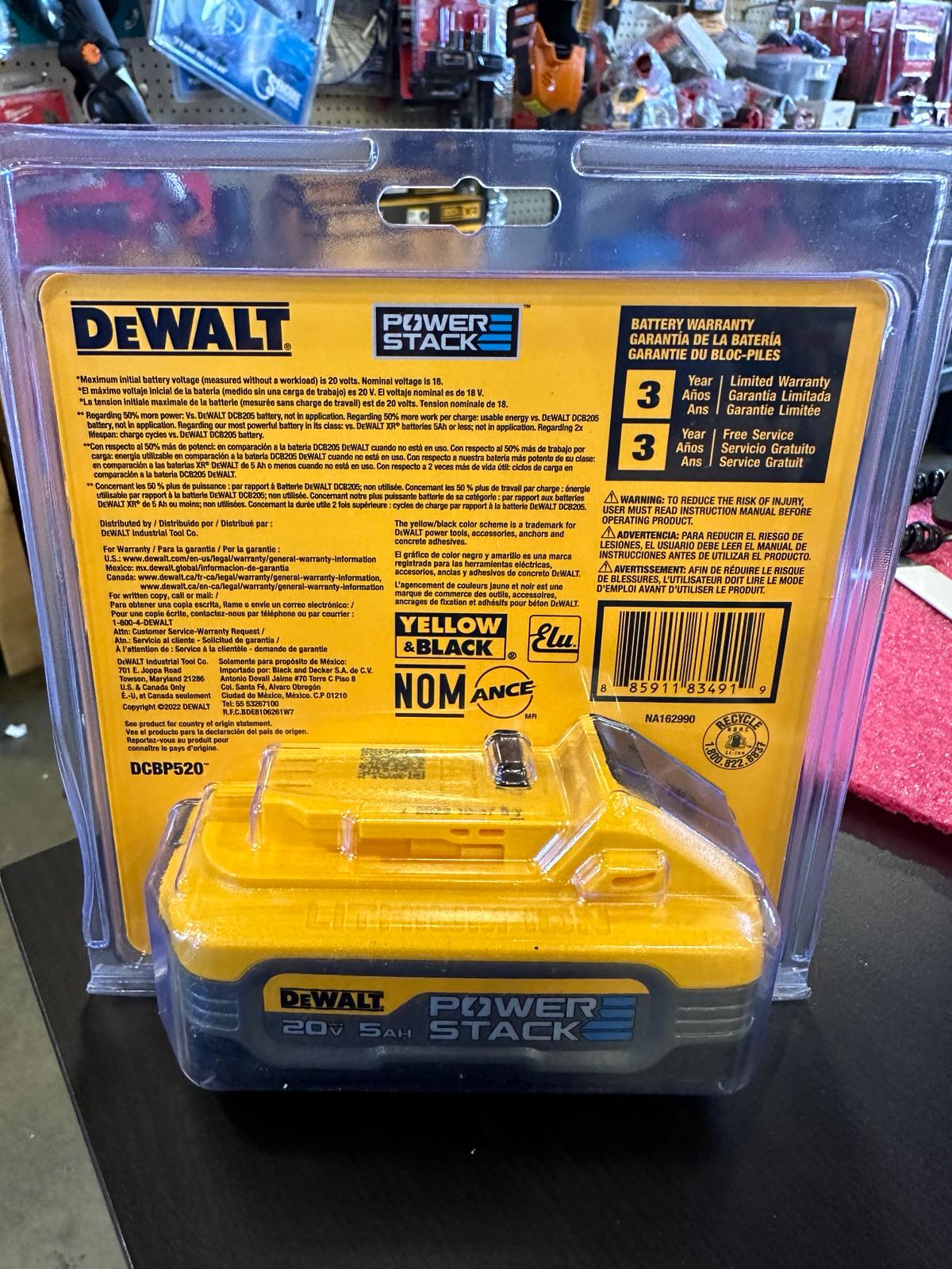 DEWALT 20V MAX Battery, POWERSTACK, More Power + More Compact, Rechargeable 5Ah Lithium Ion Battery (DCBP520)