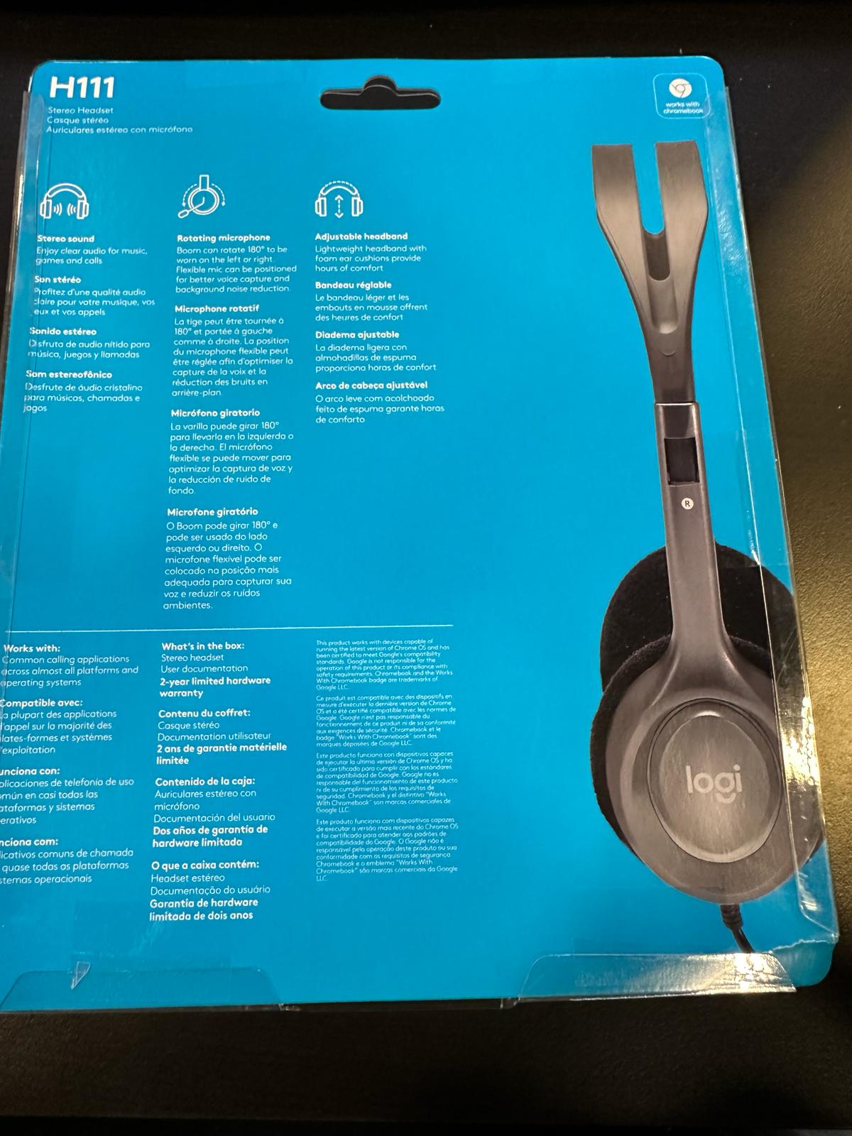 Logitech H111 Wired Headset, Stereo Headphones with Noise-Cancelling Microphone, 3.5 mm Audio Jack, PC/Mac/Laptop/Smartphone/Tablet - Black
