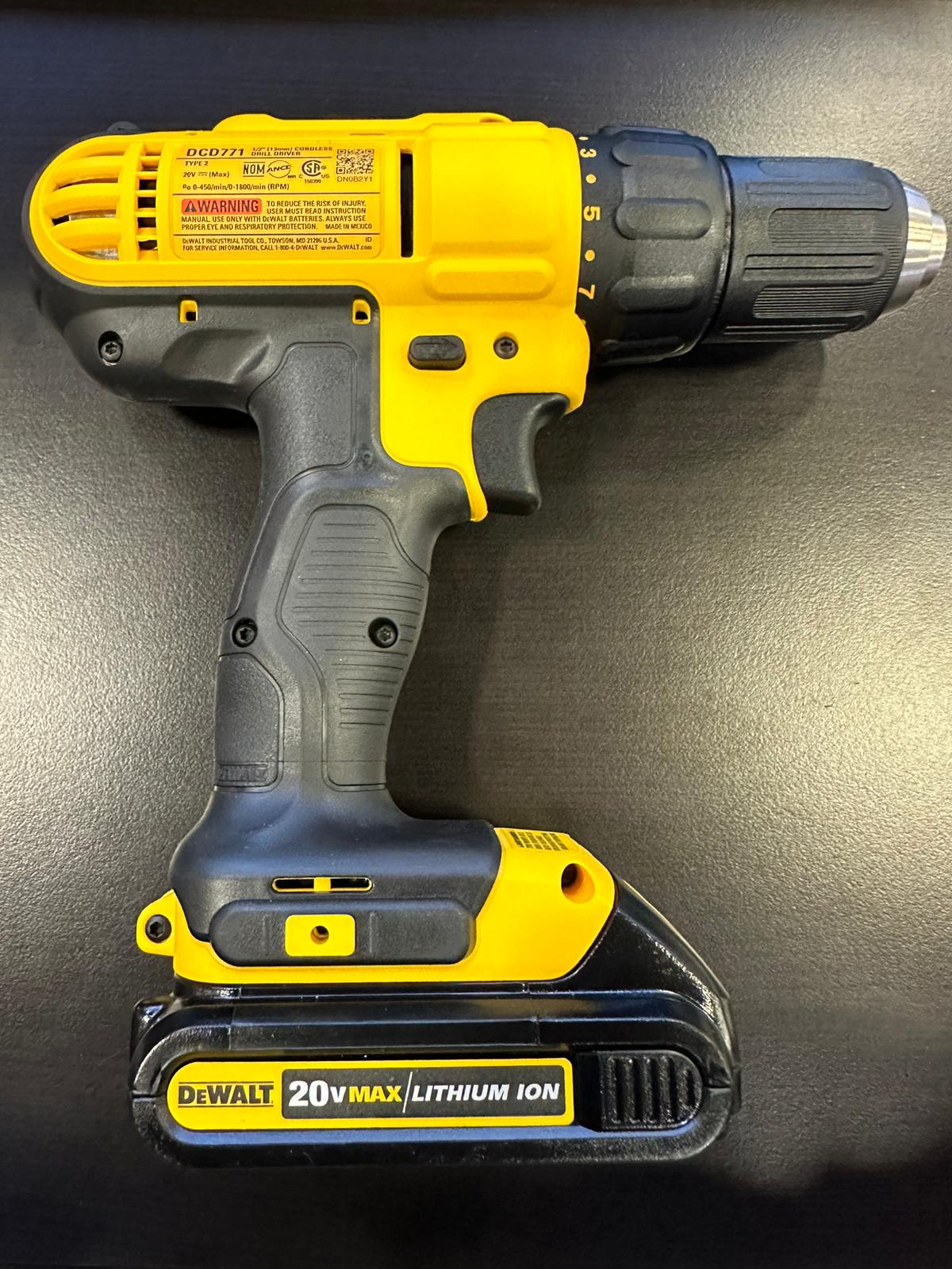 Dewalt DCD771 1/2 inch Compact Drill Driver Plus DCB201 Battery Pack