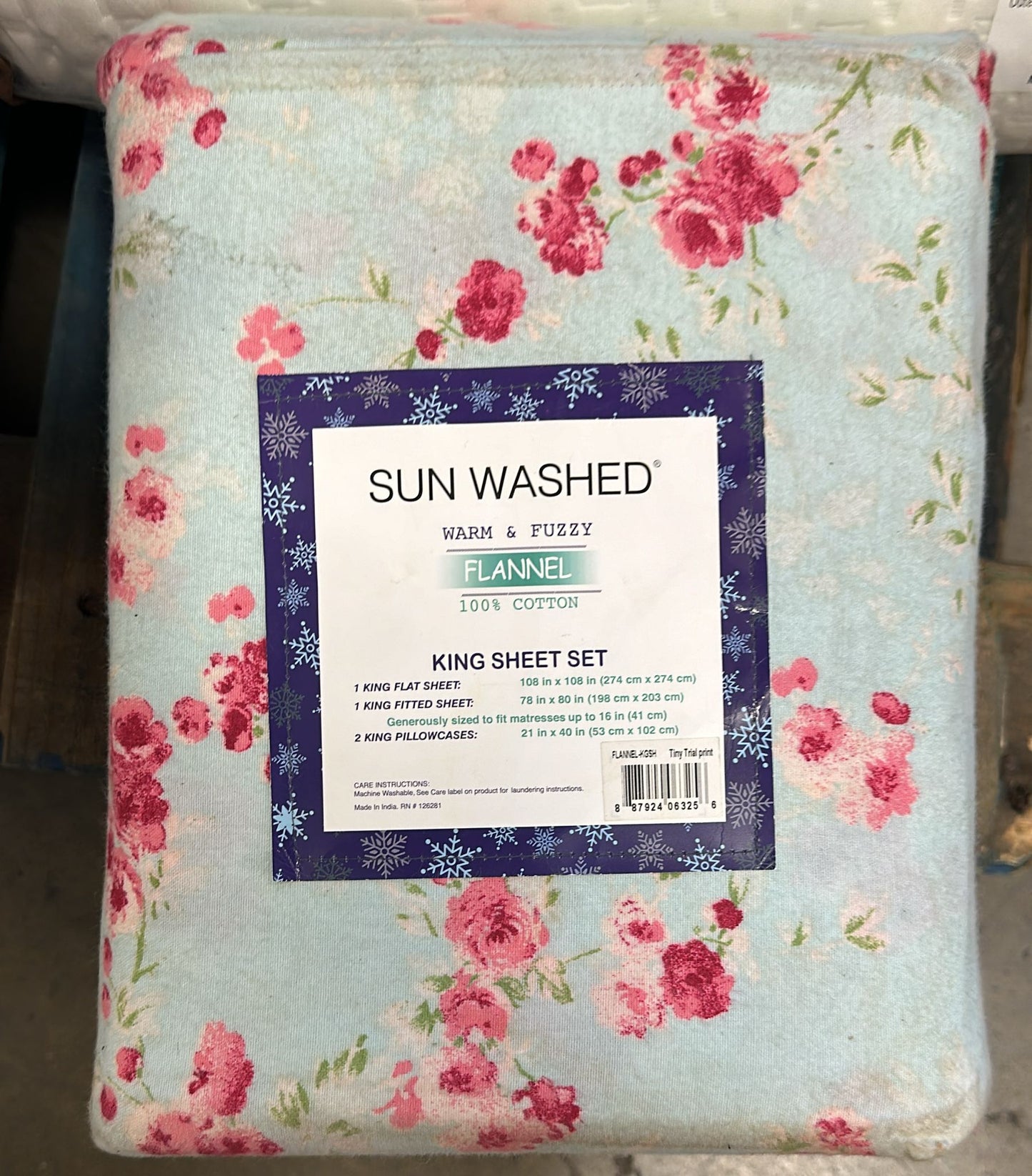 SUN WASHED 100% Cotton 170 GSM Flannel, Super Soft, Warm & Fuzzy 4 Piece Bedding, King Sheet Set, Upto 15" Deep Pocket, Tiny Trial Print