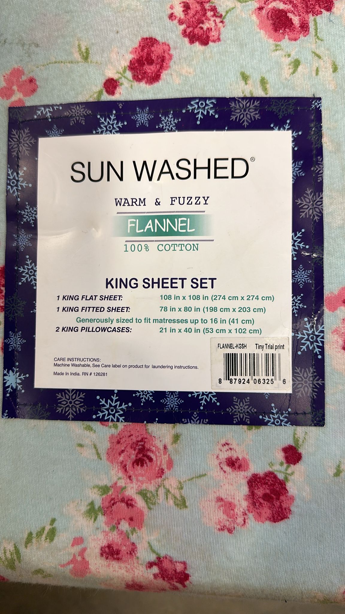 SUN WASHED 100% Cotton 170 GSM Flannel, Super Soft, Warm & Fuzzy 4 Piece Bedding, King Sheet Set, Upto 15" Deep Pocket, Tiny Trial Print