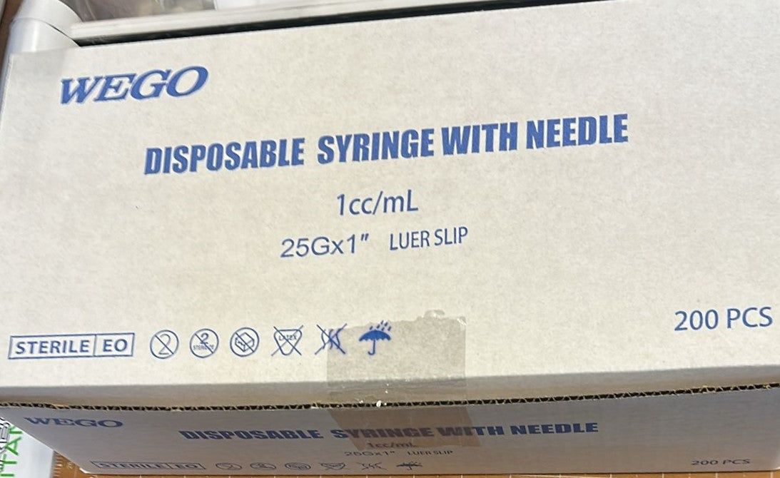 Wego 1ml 1cc Disposable Plastic Syringes with 25Ga, Individually Sterile Package 200 PK