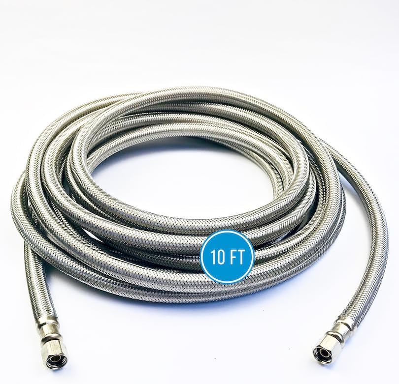 Hippohose Refrigerator Icemaker Hose (10 FT) - Universal Fit to ALL Refrigerator Brands - Icemaker Water Supply Line - ¼” x ¼” Connections - SS Refrigerator Supply Hose for Ice & Water