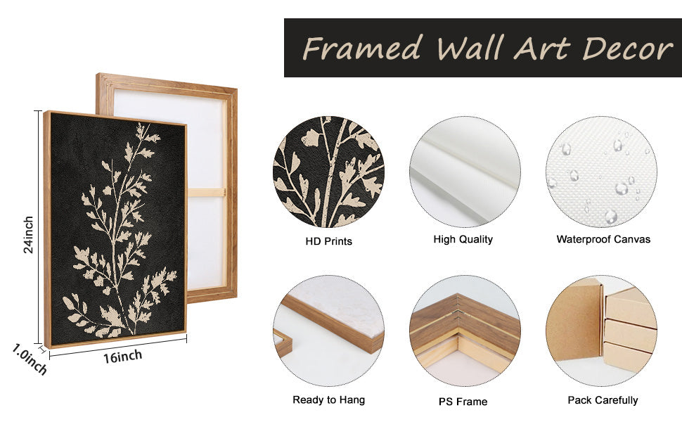 Ausril Black Tan Fern Leaf Framed Canvas Wall Art Set, Minimalist Botanical Wall Decor, Nature Fern Plant Silhouette Wall Painting, Modern Art Print for Living Room, Bedroom, Office 16"x24"x3